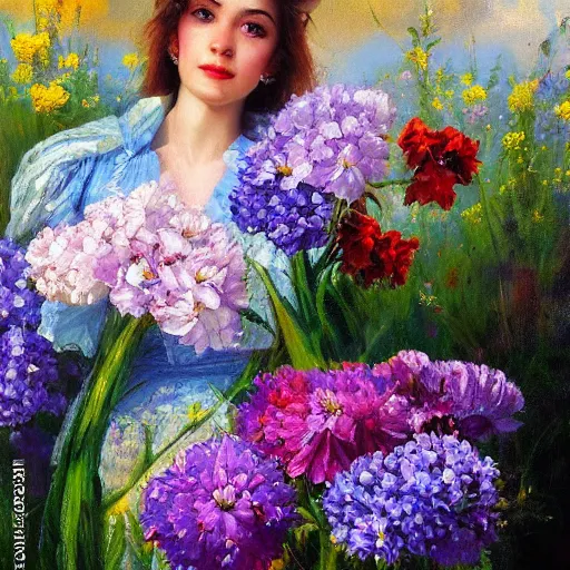 Image similar to a portrait of a romantic woman with flowers grow out of hair, roses peonies forget-me-nots dahlias lupins gladioli, sky theme in background, by Alexandr Averin, Digital Art, Trending on artstation