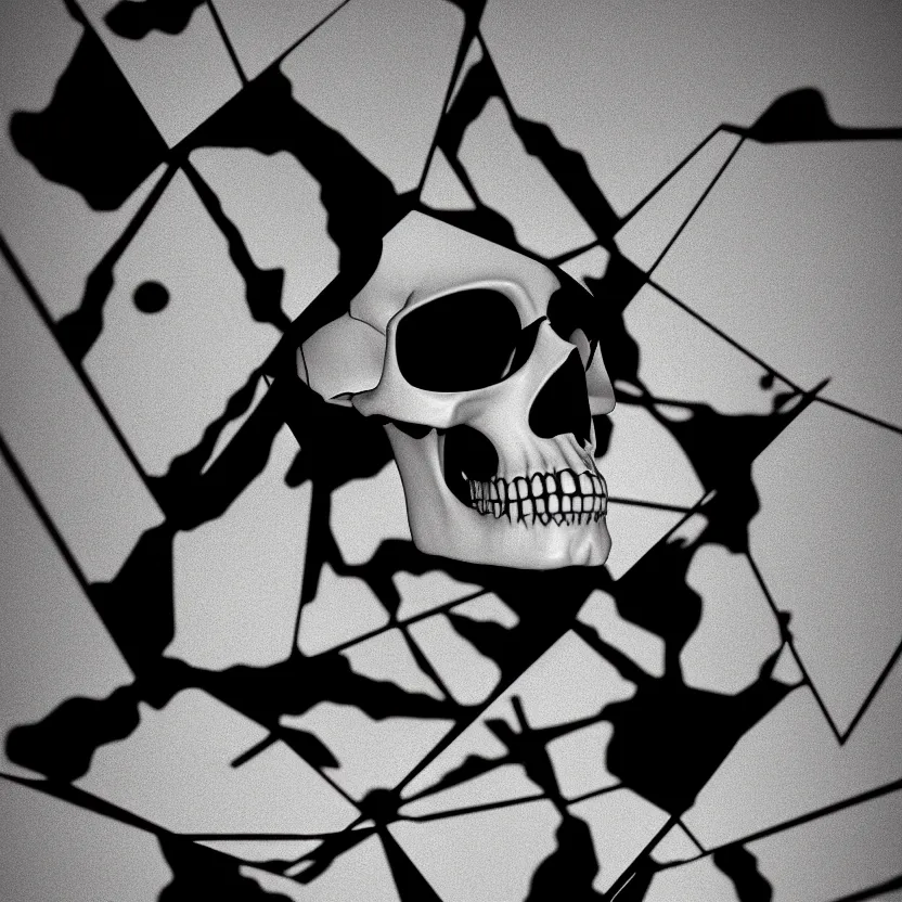 Image similar to black and white light 3D geometry, skull, matte bright highly detailed, poetic, 3D render, digital art, octane render, 8K artistic photography, photo-realistic, by Dora Maar