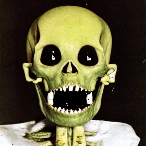 Image similar to crooked teeth, black eyes, gaping mouth, skeleton like, alien looking, skull like, big forehead, horrifying, killer, creepy, dead, monster, tall, skinny, open mouth, deathly, old photo, turning yellow