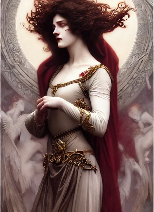 Image similar to majestic immortal vampire lord porcelain skin man movie poster, art style by edmund leighton, tom bagshaw, alphonse mucha, exquisite digital art, haunting, masterpiece, organic painting, photorealistic, ornate and hyper detailed