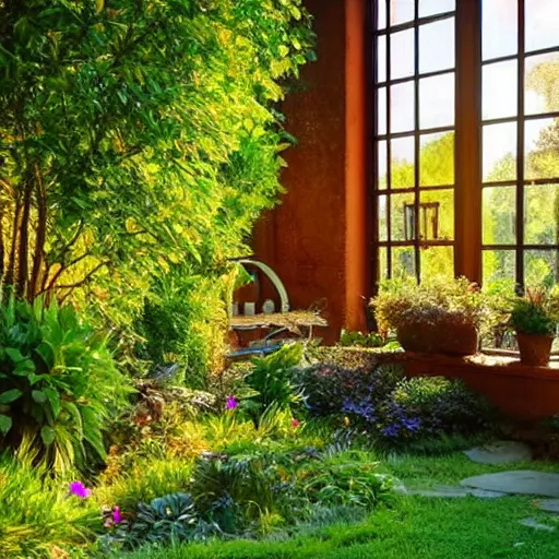 Prompt: meditative room in the warm morning sunlight with windows showing a beautiful garden, serene, colorful