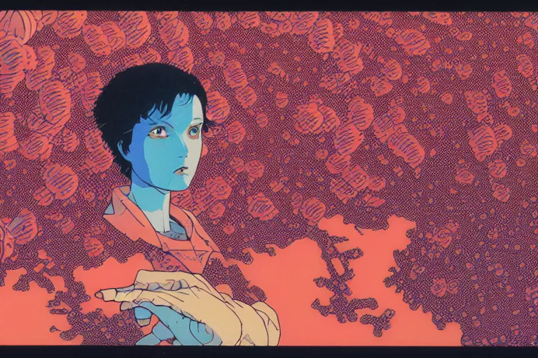 Image similar to risograph grainy drawing vintage sci - fi, satoshi kon color palette, gigantic gundam full - body covered in dead coral reef, 1 9 8 0, kodachrome, natural colors, comicbook spreadsheet, codex seraphinianus painting by moebius and satoshi kon and dirk dzimirsky close - up portrait