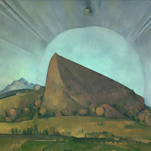 Image similar to calssical geometric ancient mountain range disk angler pollen melon lambrusco , by Paul Cezanne and Evard Munch and Odilon Redon , panorama , Zbrush Central , constructivism