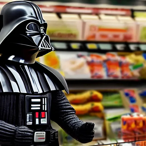 Image similar to A still of a Darth Vader shopping for groceries, 4k, photograph, photoreal, ultra realistic, highly detailed, professional lighting