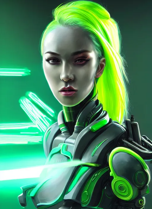 Prompt: detailed portrait of perfect neon green haired girl, android, warframe armor, beautiful, pretty face, yellow cyborg eyes, innocent, scifi, 4 k, sun yunjoo, ultra realistic, aura of light, cinematic lighting, highly detailed, sharp focus, artstation, masterpiece, art by hyungjin yang