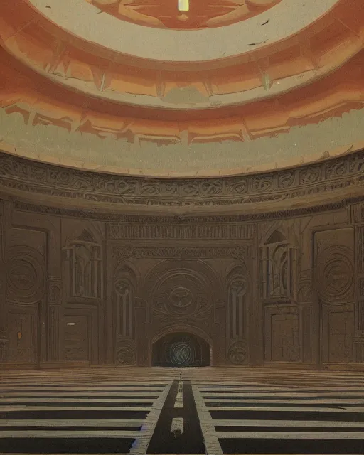 Image similar to paul atreides muad'dib in the giant throne hall, highly detailed, ominous, eldritch, by simon stalenhag and greg rutkovski, 1900s sci-fi movie