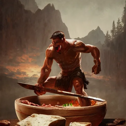 Image similar to an spartan man eating meat on a wooden bowl, Matte painting , detailed painting, greg rutkowski