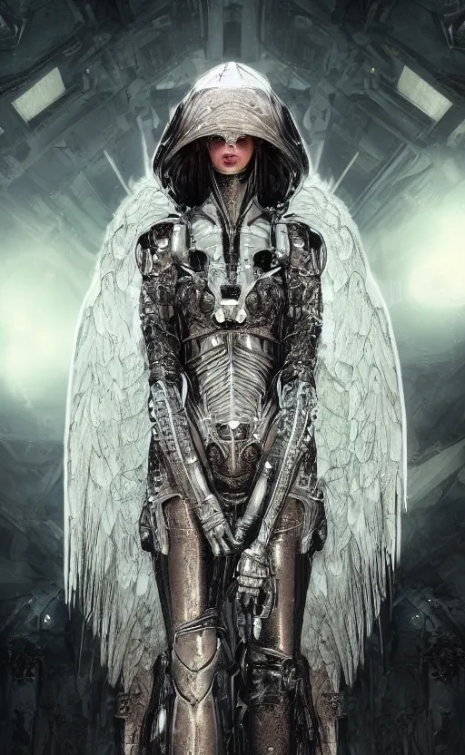 Image similar to Angel knight gothic girl, hyperrealistic mixed media, stunning 3d render inspired art by P. Craig Russell and Barry Windsor-Smith + perfect facial symmetry + dim volumetric lighting, 8k octane beautifully detailed render, post-processing, extremely hyperdetailed, intricate futuristic mechanic parts, epic composition, grim yet sparkling atmosphere, cinematic lighting + masterpiece, trending on artstation