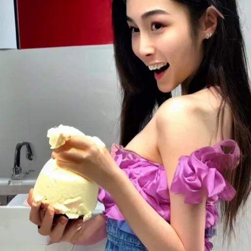 Prompt: angelababy eating a big poly-poop ice-cream