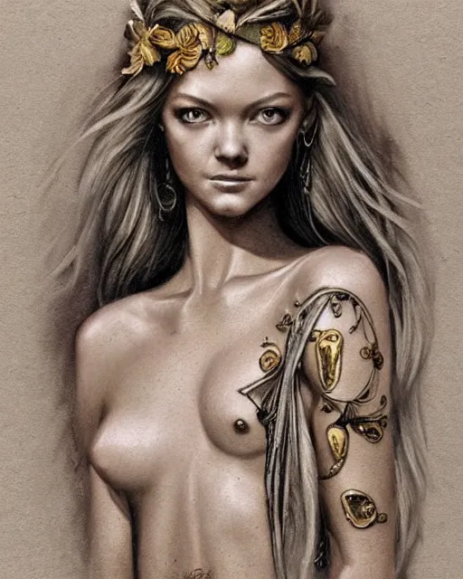 Image similar to realism tattoo sketch of lindsay ellingson as a beautiful greek goddess aphrodite with piercing eyes wearing a laurel wreath and triangle earrings, in the style of greg rutkowski, amazing detail