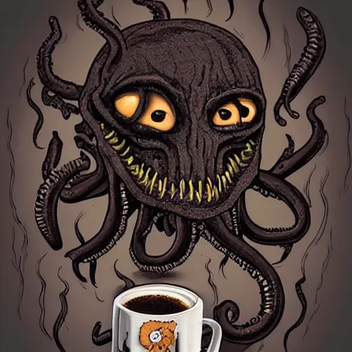 Prompt: lovecraftian eldritch abomination made of coffee, terrifying horrifying angst cup of coffee