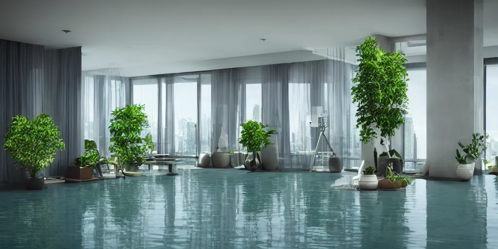 Prompt: skyscraper penthouse, the floor is water, greenery, concept, octane render