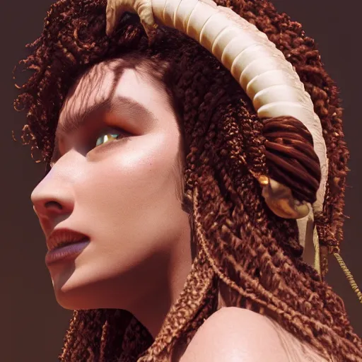 Image similar to a profile of gypsy girl with long curly hair and big goat horns, octane render, 4 k, 8 k, behance hd