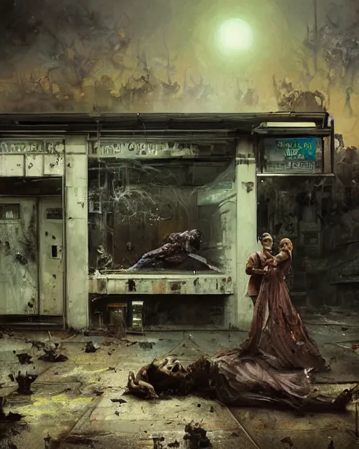 Prompt: a highly detailed epic cinematic concept art CG render digital painting artwork: old dead couple at a decayed gas station surrounded by dark figures. By Greg Rutkowski, in the style of Francis Bacon and Syd Mead and Norman Rockwell and Beksinski, open ceiling, highly detailed, painted by Francis Bacon and Edward Hopper, painted by James Gilleard, surrealism, airbrush, Ilya Kuvshinov, WLOP, Stanley Artgerm, very coherent, triadic color scheme, art by Takato Yamamoto and James Jean
