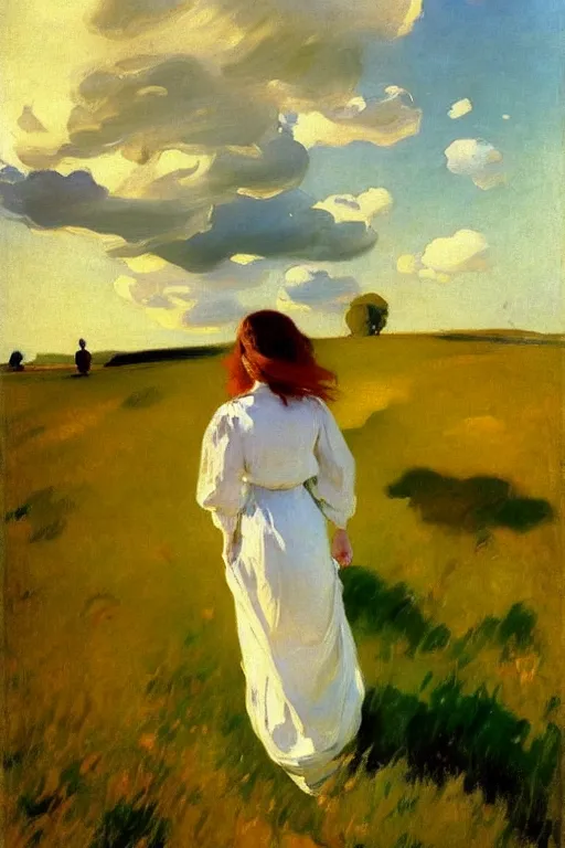 Image similar to young slender woman with long auburn hair wearing a white dress walking through a meadow at dusk, dramatic clouds in sky, wide angle, painting by Joaquín Sorolla, oil on canvas, detailed brushwork, painterly