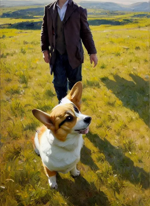 Image similar to Greg Manchess painting of a humanoid Corgi, countryside, calm, fantasy character portrait, dynamic pose, above view, sunny day, artwork by Jeremy Lipkin and Giuseppe Dangelico Pino and Michael Garmash and Rob Rey, very coherent asymmetrical artwork, sharp edges, perfect face, simple form, 100mm