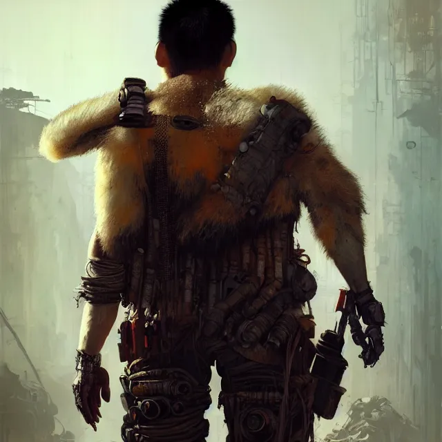 Prompt: hyper realistic photography portrait of postapocalyptic madmax cyberpunk asian japanese face panda vallejo, back shot, craig mullins greg rutkowski, artstation, cgsociety