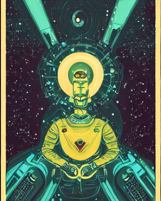 Image similar to retro dark vintage sci - fi. 2 d matte dark gouache illustration in a mystical style. tarot card back pattern. cosmic.