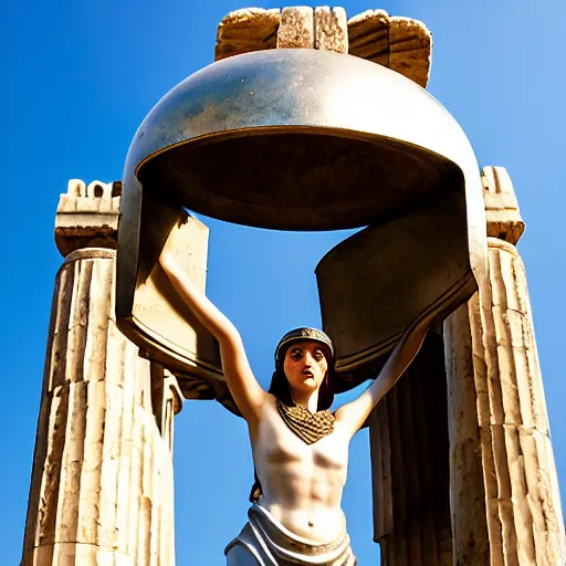 Image similar to tiny greek goddess in steel helmet standing on a giant greek bearded male head, greek temple of olympus glory island, late afternoon light, wispy clouds in a blue sky, by frank lloyd wright and greg rutkowski and ruan jia