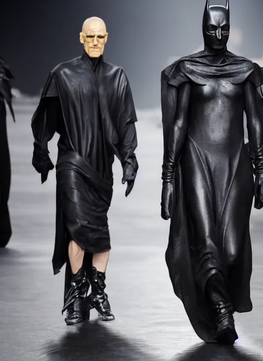 Prompt: hyperrealistic and heavy detailed rick owens runway show of batman, leica sl 2 5 0 mm, vivid color, high quality, high textured, real life
