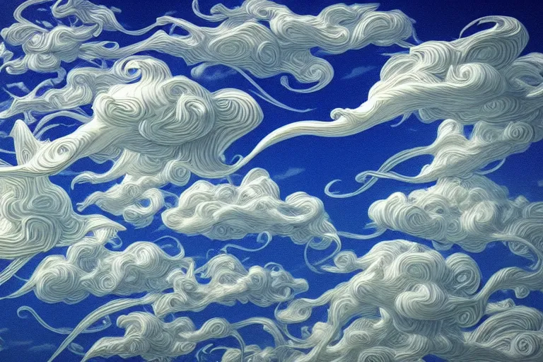 Image similar to a huge flock of many elaborate intricate smooth sculptural whirling elegant clouds puffy filigreed twisting turning cloud sculptures, tornadoes, art nouveau underwater environment, soothing, crepuscular, award winning art, epic dreamlike fantasy landscape, ultra realistic,