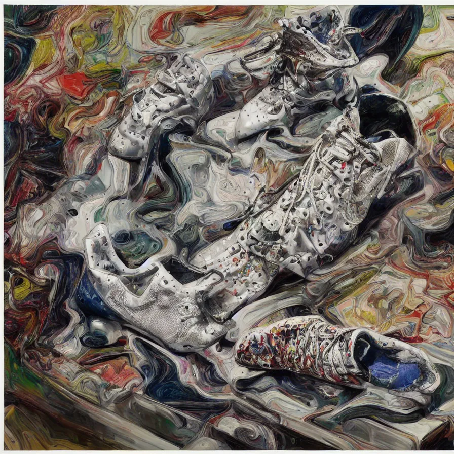 Image similar to futuristic balenciaga sneakers, nft art, highly detailed, hyper realistic, art by todd mcfarlane, by ( ( ( lucian freud ) ) ) and gregory crewdson and francis bacon