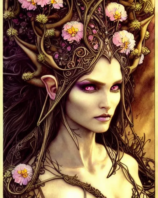 Image similar to elven woman, flowers in hair, fantasy character portrait, ultra realistic, concept art, intricate details, art nouveau, cinematic, highly detailed by boris vallejo, chris achilleos, arthur rackham