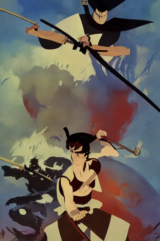 Prompt: Movie poster of Samurai Jack , Highly Detailed, Dramatic, A master piece of storytelling, by frank frazetta, ilya repin, 8k, hd, high resolution print