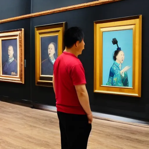 Prompt: a chinese man, farting in a museum full of portraits of unicorns, magical.