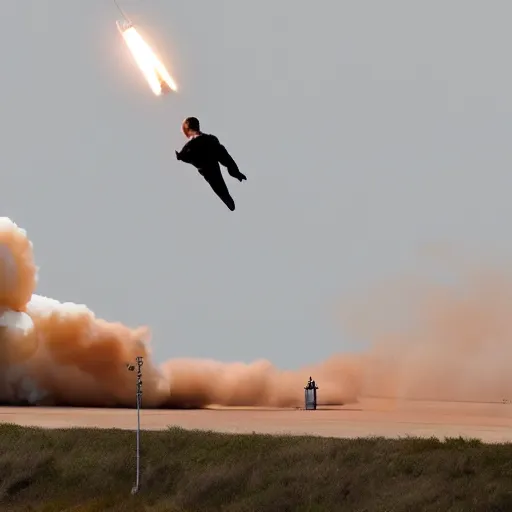 Prompt: a picture of elon musk launching like he's a rocket, full body, dslr, launch test