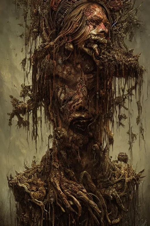 Prompt: very complex hyper-maximalist overdetailed cinematic darkfantasy portrait of a rotting bog mummy by andrei riabovitchev, tomasz alen kopera, oleksandra shchaslyva. Omnious intricate, octane, Deviantart, hyper detailed illustration, 8k