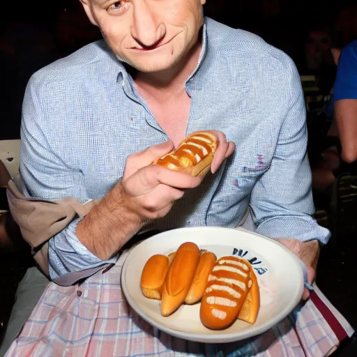 Image similar to Tim Robinson biting his hand instead of the hot dog in his hand