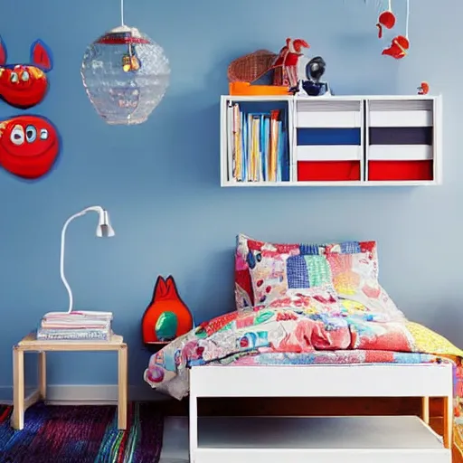 Image similar to An IKEA catalogue photo of a childrens bedroom , underwater with a vampire squid