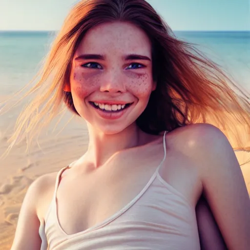 Image similar to beautiful serene intricate portrait of a cute thin young woman, red blush, cute freckles, smug smile, modern clothes, relaxing on the beach, golden hour, close up shot, soft focus, 8 k, art by irakli nadar, hyperrealism, hyperdetailed, ultra realistic