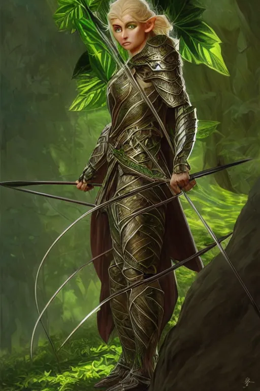 Image similar to male elven Archer armor made of green leaves, fantasy, amber eyes, face, long hair, intricate, elegant, highly detailed, digital painting, artstation, concept art, smooth, sharp focus, illustration, art by artgerm and greg rutkowski and alphonse mucha