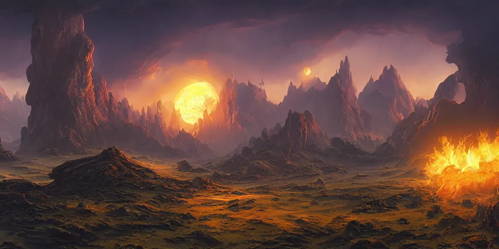 Prompt: fantasycore, eldritch, psychic, elemental masterpiece 8k resolution Behance HD scrollwork magic fire zBrush Central contest winner, cel-shaded landscape by bruce pennington