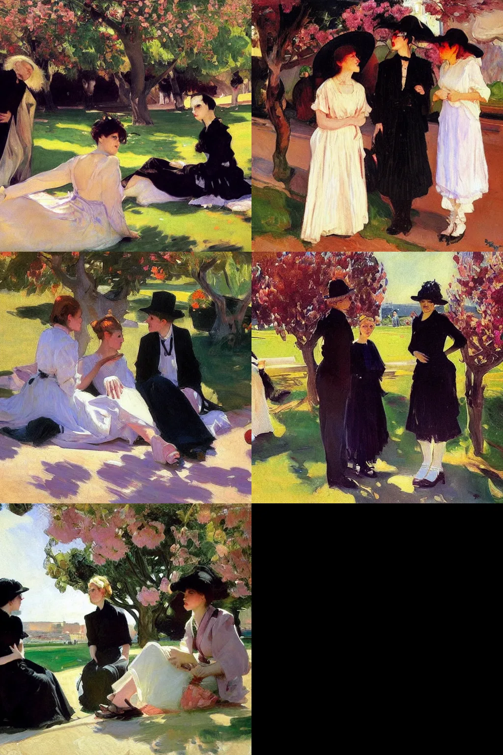 Prompt: an hd painting by joaquin sorolla. three goths loitering in the shade, talking beneath a cherry tree outside a blockbuster video store.