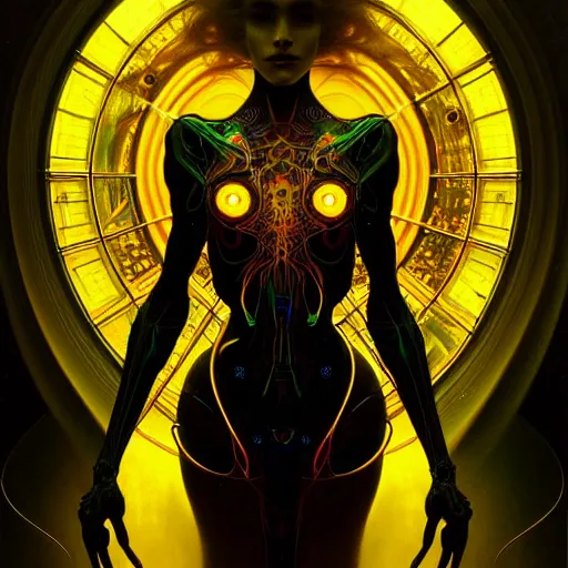 Image similar to extremely psychedelic beautiful cyborg virus infected by night. intricate, elegant, highly detailed, extremely lifelike photorealistic digital painting, artstation. steichen, gaston bussiere, tom bagshaw, cyberpunk alphonse mucha. elegant minimalism. anatomically correct. sharp focus. black and gold. surreal lush hallucination