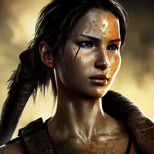 Prompt: lara croft as samurai, wet face, heavy rain, dramatic, intricate, highly detailed, concept art, smooth, sharp focus, illustration, unreal engine 5, 8 k