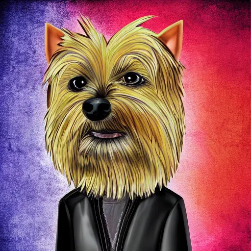 Prompt: an anthropomorphic yorkie dog wearing a black leather punk jacket smoking a cigarette in a hotel lobby, digital art