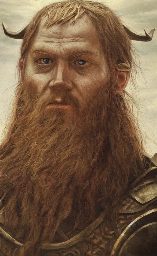 Image similar to portrait of Einar the viking from Vinland Saga, realistic oil painting, vintage, masterpiece