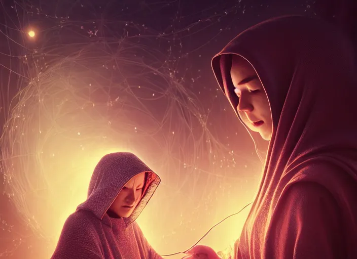 Prompt: old hooded woman weaving the strings of the multiverse, epic scene, dramatic, multiverse, highly detailed, high quality, 8 k, 4 k, octane render, digital painting, alena aenami, lilia alvarado, shinji aramaki, karol bak, alphonse mucha, tom bagshaw