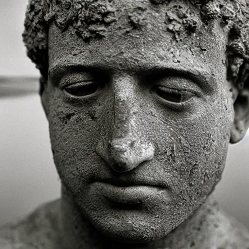 Image similar to Award-winning photograph by Paul Strand. The photo depicts a decaying roman bust of Mark Zuckerberg overgrown with moss at the bottom of the sea in the middle of ruins of civilization. Ruins. Minimalism, high definition, perfect composition. Deep sea picture. Very dark. Volumetric Lighting. Fish. Darkness. Ruins