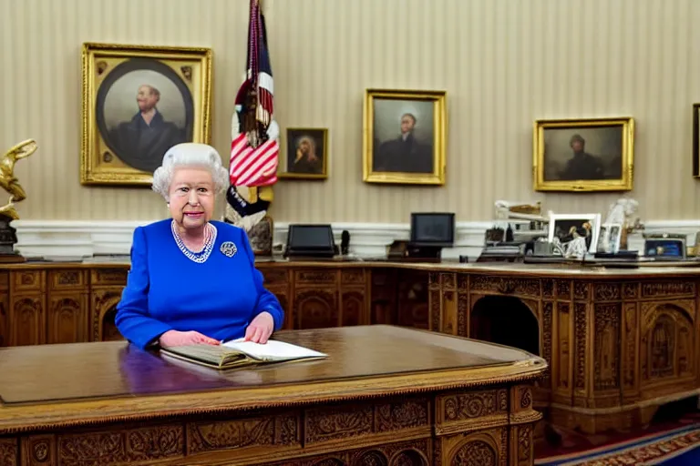 Image similar to Queen Elizabeth II sitting behind the Resolute Desk in the White House Oval Office, 4k, award winning photo