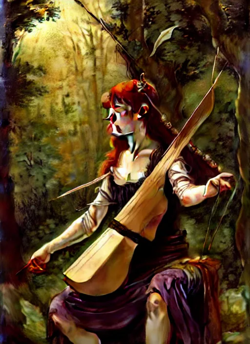 Image similar to forest elf bard playing lute, full body, hyper realistic, extremely detailed, dnd character art portrait, dark fantasy art, intricate fantasy painting, dramatic lighting, vivid colors, deviantart, artstation, by edgar maxence and caravaggio and michael whelan and delacroix.