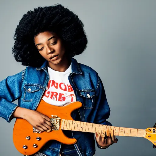 Image similar to 19-year-old black girl, African American girl, with long shaggy black hair, afro hair, wearing denim jacket and bell-bottom jeans, playing electric guitar, stoner metal concert, heavy blues rock, doom metal, 30mm photography