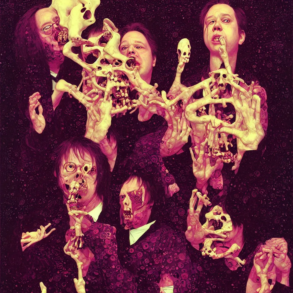 Image similar to weird and disturbing portrait of bill hicks todd solondz puking bones, vivid colors, neon, art by ( ( ( kuvshinov ilya ) ) ) and wayne barlowe and gustav klimt and artgerm and wlop and william - adolphe bouguereau