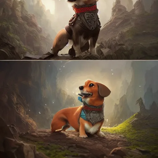 Prompt: corgi adventurer, d & d character, intricate, hyperrealistic, extremely detailed digital illustration by artgerm and greg rutkowski, trending on artstation, award - winning, masterpiece, 8 k