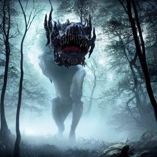 Prompt: photorealistic terrifying fantasy monster lurking in the woods, dynamic lighting, hyper realistic, 8K, realism