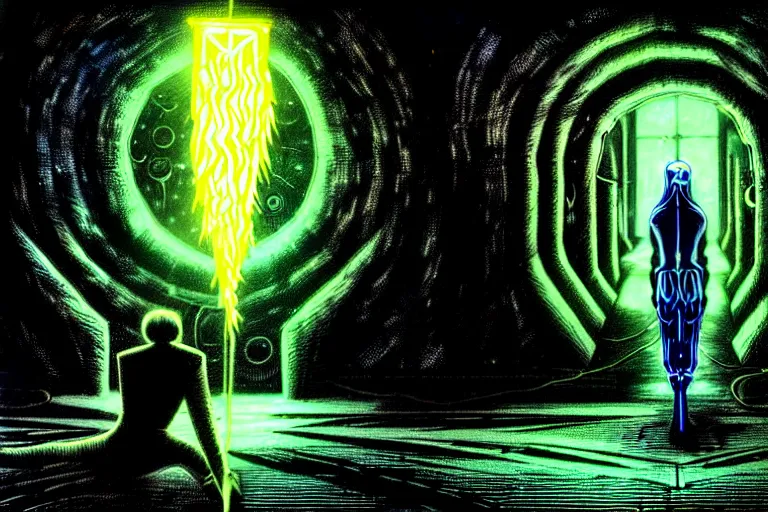 Prompt: a true hero on the run from a drainer sentinel, sinking into madness, wrapped in black, clutching a hopespark-dagger in the drifting void hallways. Fantasy Tron sci-fi illustration, vibrant neon digital painting, by Edvard Junjiito Picasso and Gustave Dore and Carl Critchlow